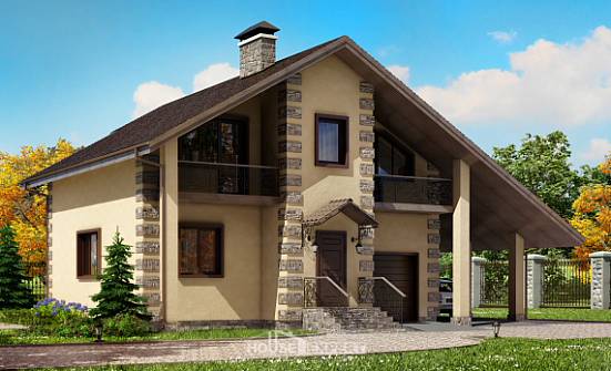 150-003-П Проект двухэтажного дома мансардой и гаражом, уютный дом из газосиликатных блоков Лесозаводск | Проекты домов от House Expert