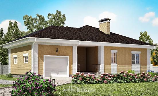 130-002-Л Проект одноэтажного дома и гаражом, бюджетный домик из блока Фокино | Проекты домов от House Expert