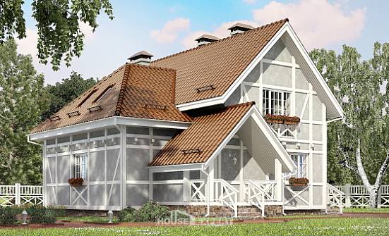 160-003-Л Проект двухэтажного дома мансардой, скромный коттедж из газосиликатных блоков Фокино | Проекты домов от House Expert